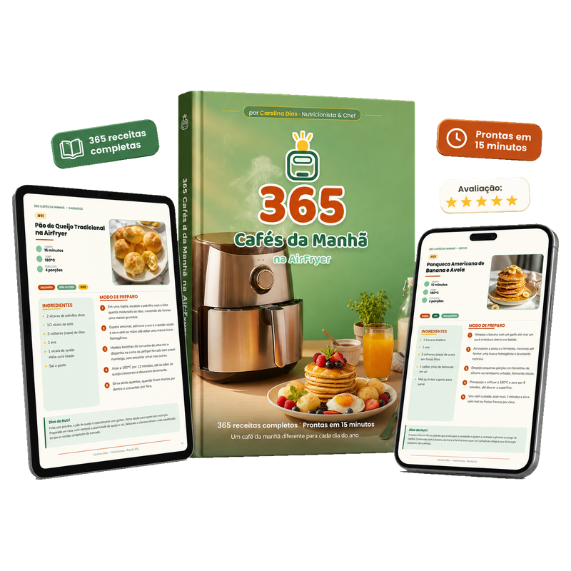 Ebook 365 Cafés da Manhã Práticos na AirFryer — capa e páginas
